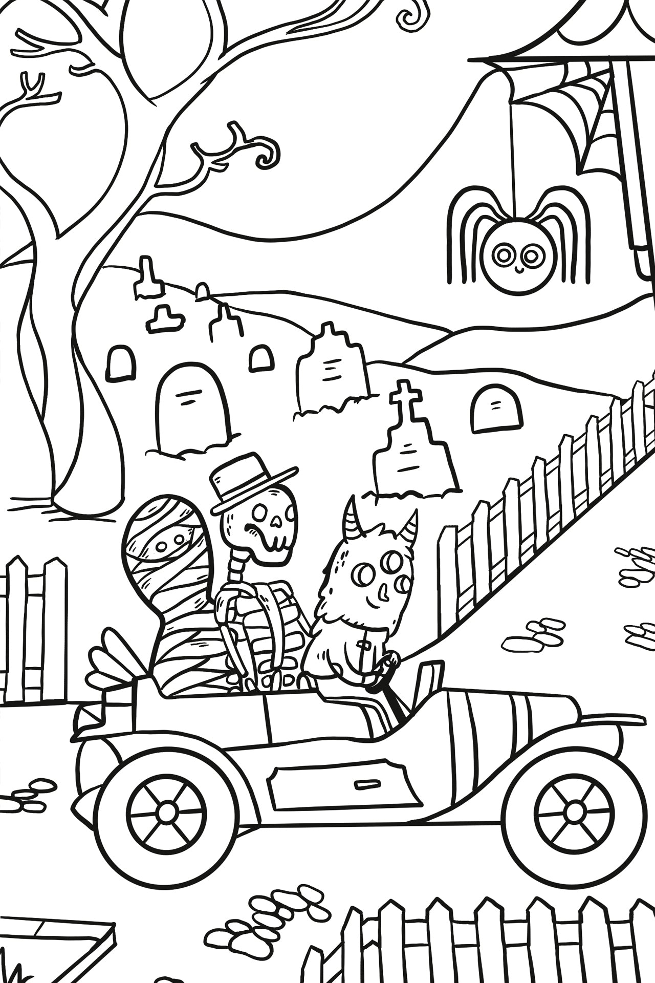  Detail of a mummy, skeleton, and monster driving an old car past the haunted house and cemetery