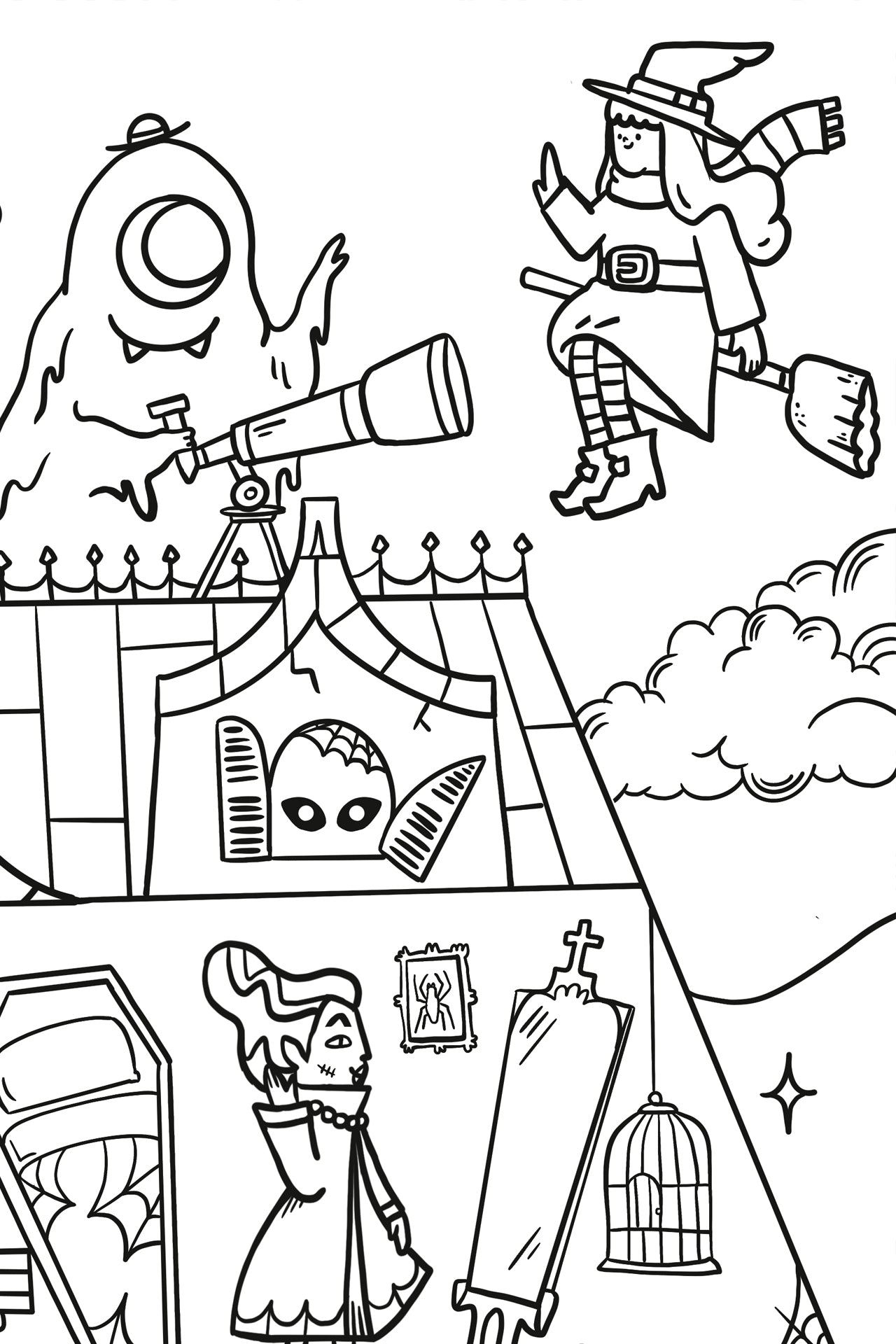 Detail of the Halloween coloring poster showing flying witches, floating ghosts, and fun monsters on the haunted house