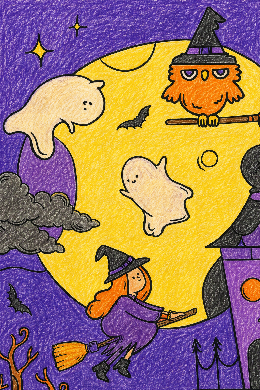  Detail of the Halloween coloring poster showing flying witches, floating ghosts, an owl, bats, and a glowing full moon over the haunted house