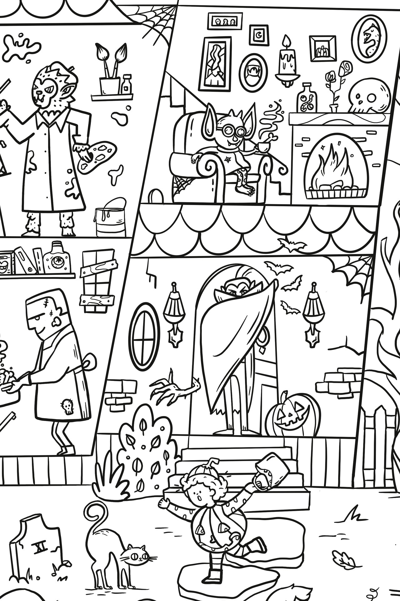 Coloring poster detail showing the inside of a haunted house with a witch's cauldron, a vampire's coffin, Frankenstein's kitchen, and a bat by the fireplace