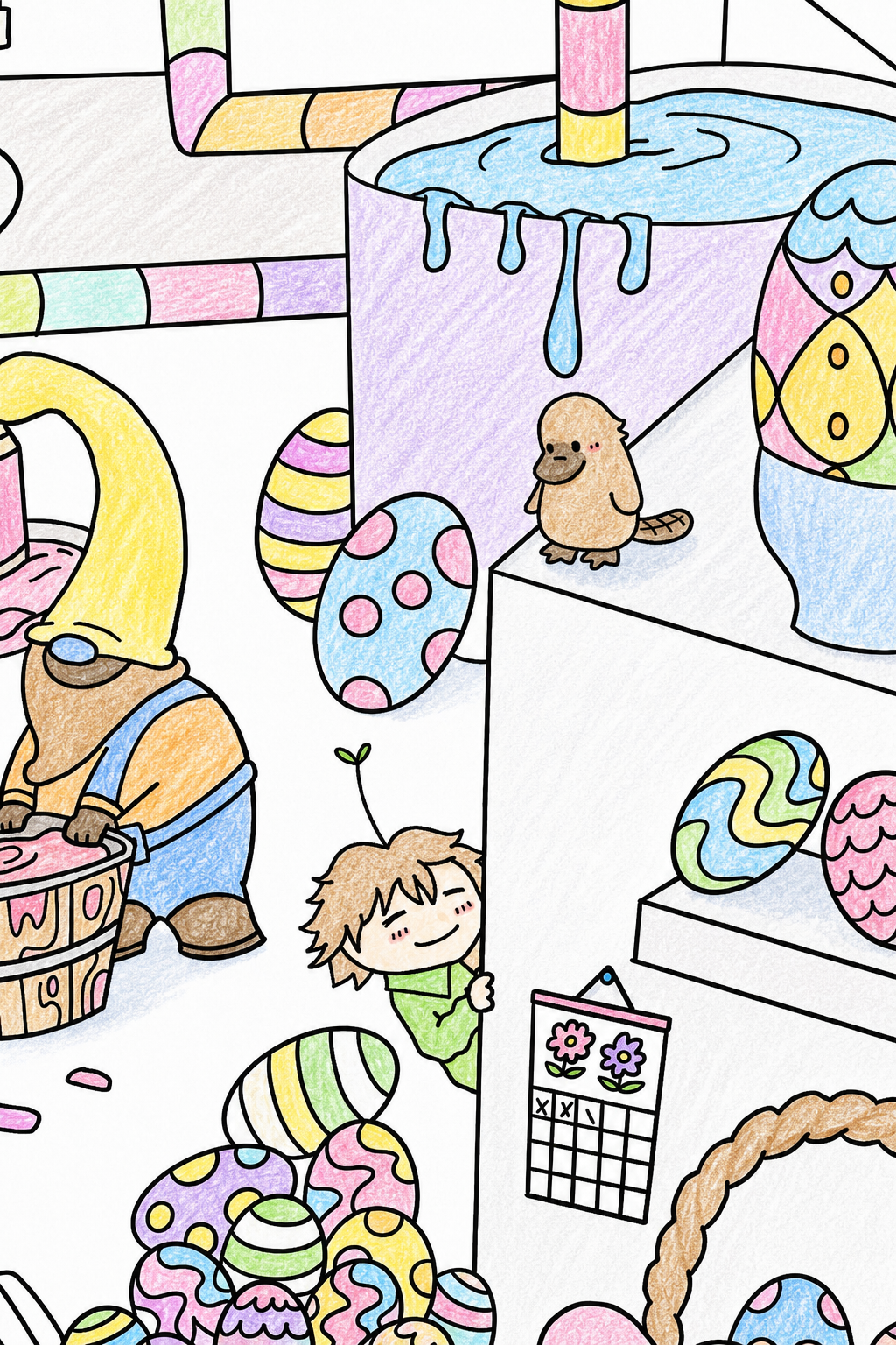 Colored example of the Easter Gnomes' Workshop poster in soft pastel tones, with Clementine peeking from behind a wall, Marmelade the platypus perched above, and a gnome washing eggs in a wooden basin.