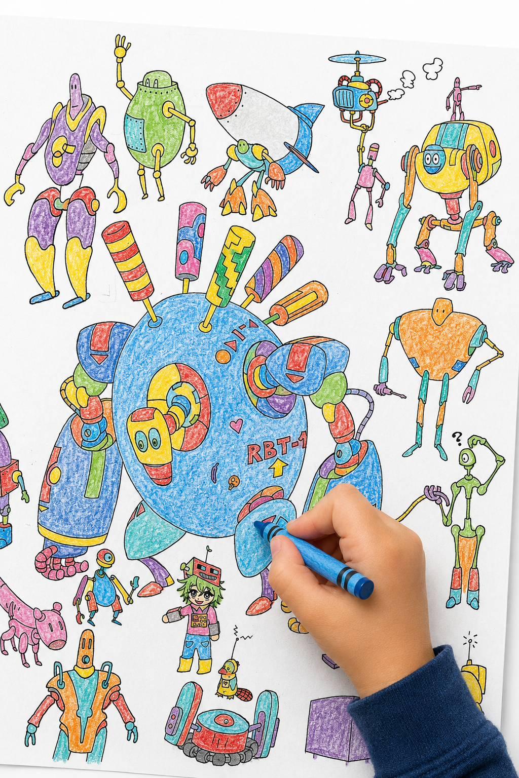 Child coloring a purple robot on the Lots of Robots coloring poster with a crayon