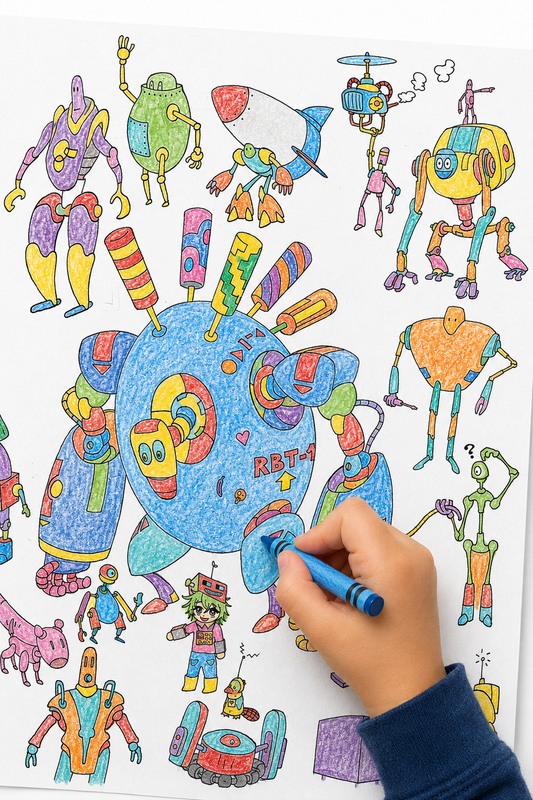 Child coloring a purple robot on the Lots of Robots coloring poster with a crayon