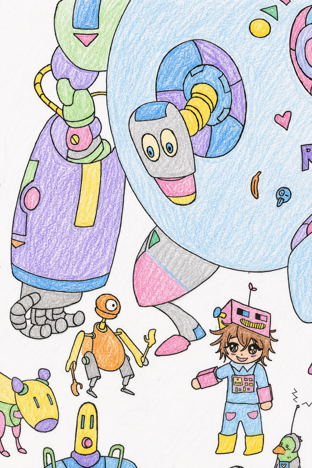 Robot-themed coloring poster for kids, partially colored with bright crayons