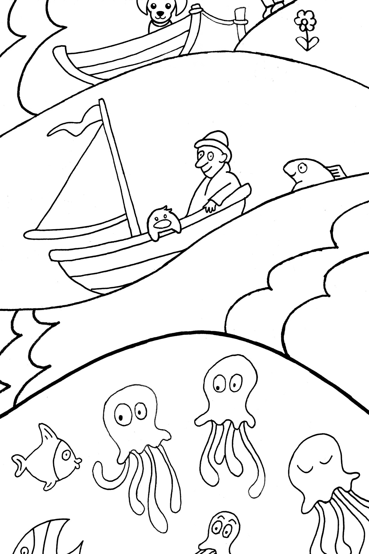 Black-and-white detail of the Under the Sea coloring poster, showing a sailor and his duckling in a sailboat above the waves, with jellyfish drifting in the water below.