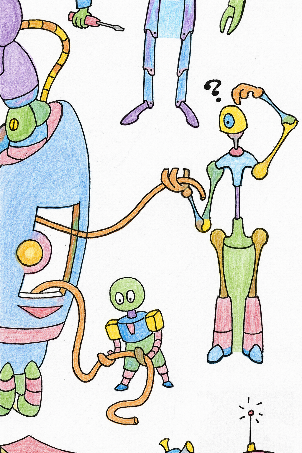 Large robot-themed coloring poster laid flat, partially colored with bright crayons
