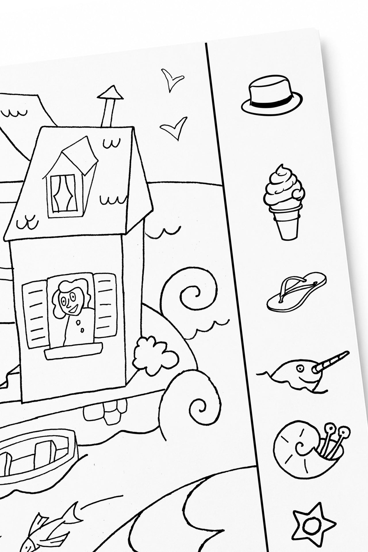 Black-and-white detail of the Under the Sea coloring poster's seaside house and find-it border, with a hat, ice cream cone, flip-flop, narwhal, snail, and star to spot.