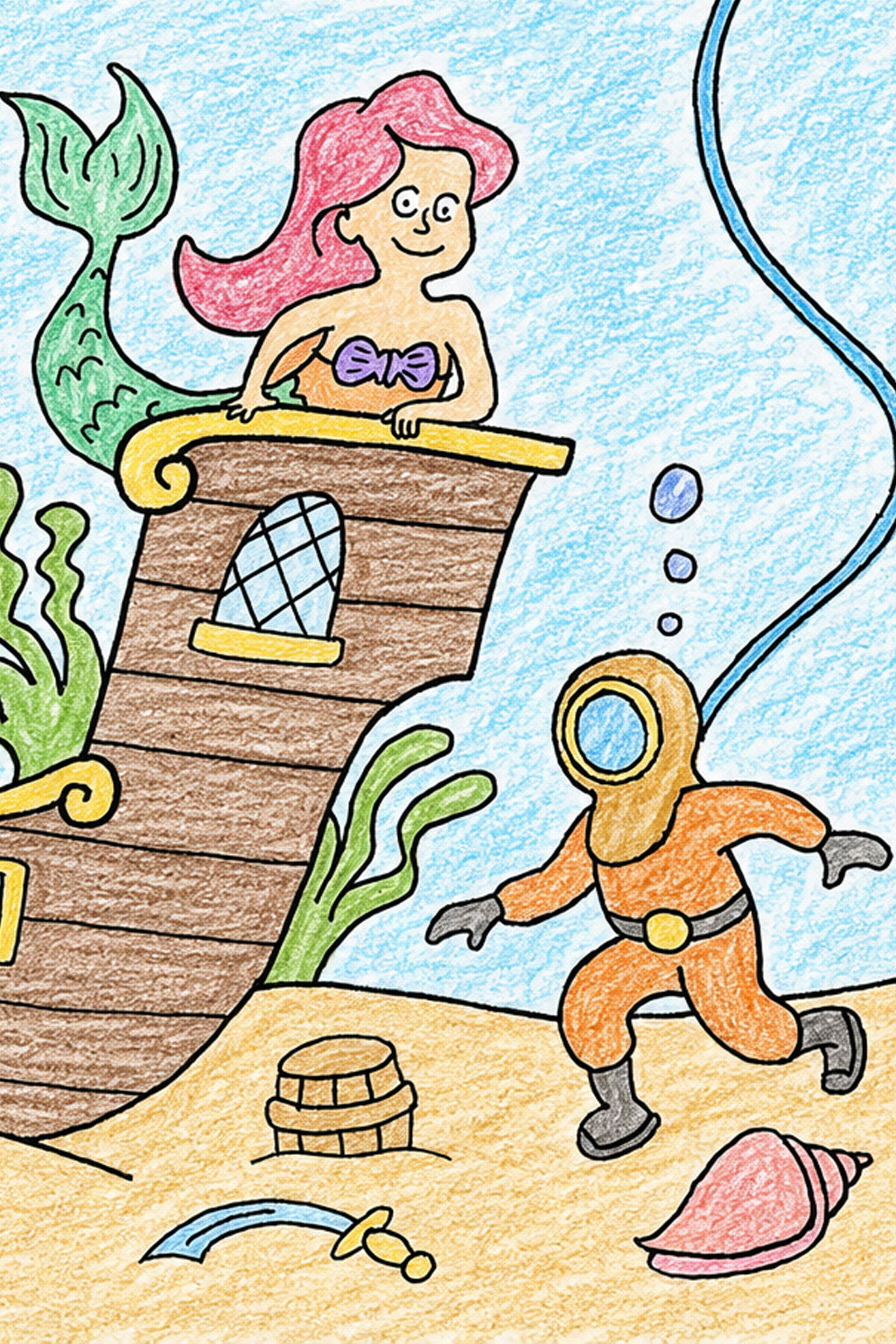 Colored example of the Under the Sea poster's underwater shipwreck scene, with a pink-haired mermaid, a hammerhead shark, a purple octopus, and an orange-suited deep-sea diver.