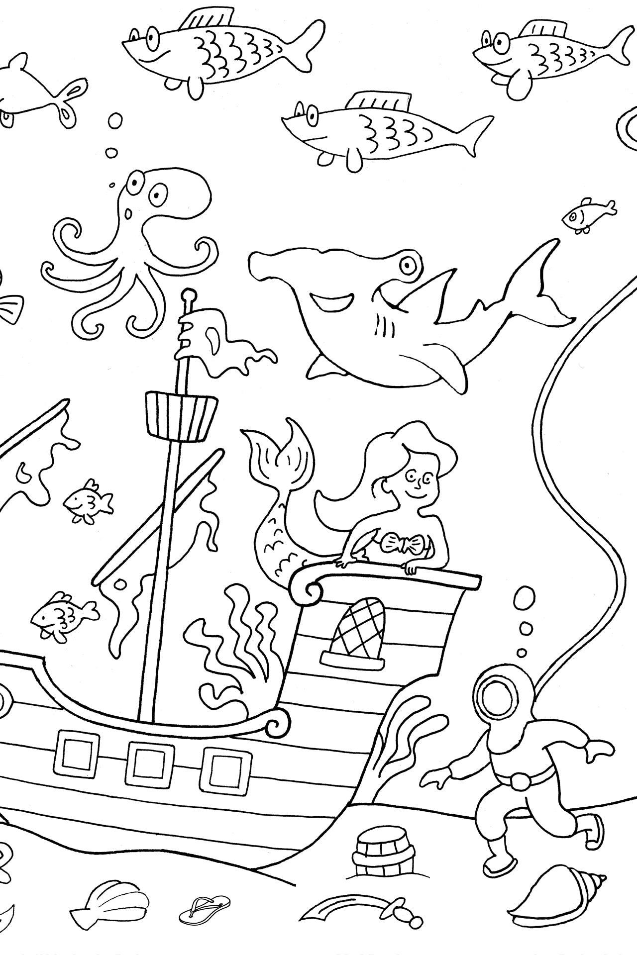 Black-and-white detail of the Under the Sea coloring poster featuring a sunken pirate ship, a mermaid, a hammerhead shark, an octopus, and an old-fashioned deep-sea diver.