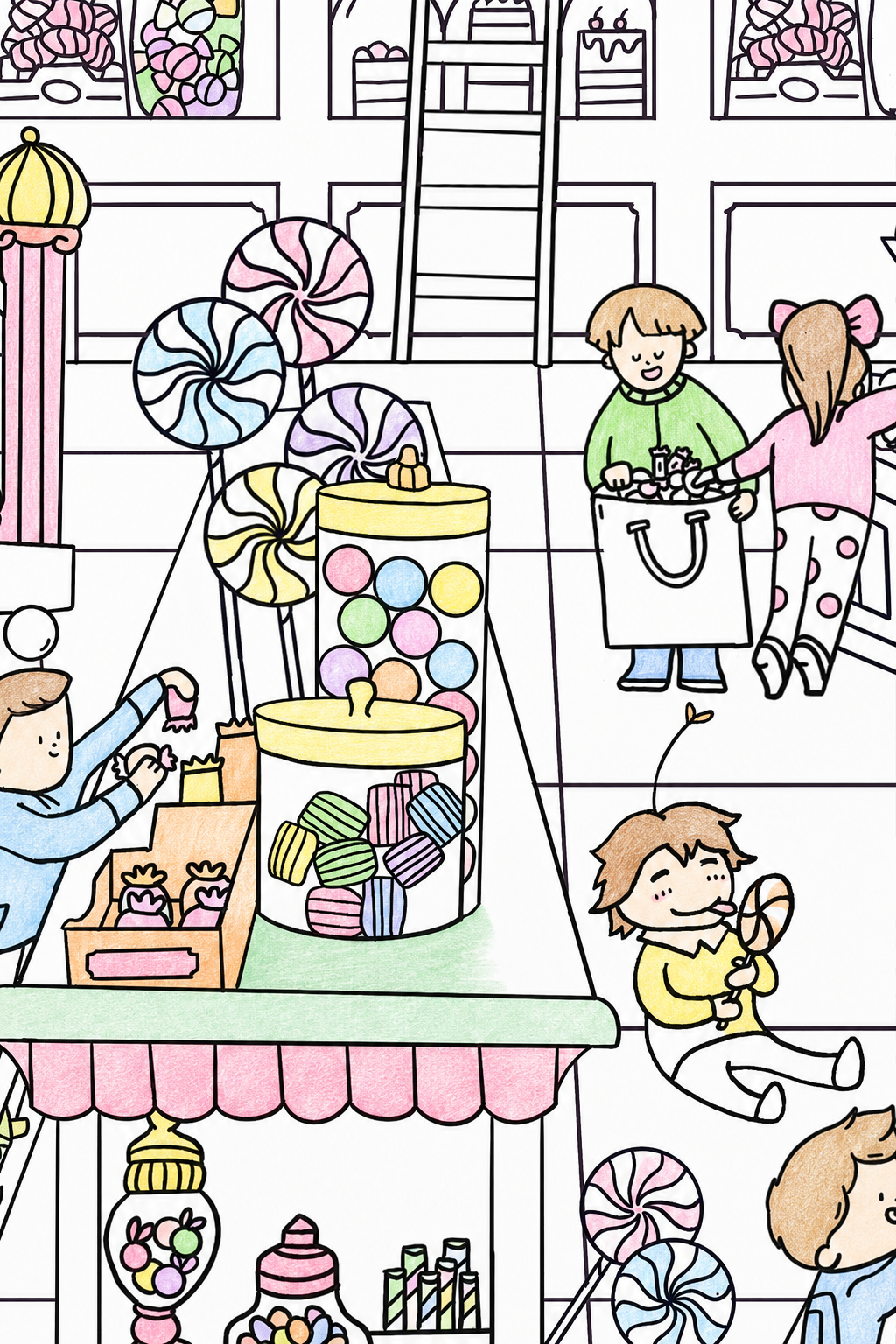 Candy store display with lollipops, jars filled with many different candies, and children picking out sweets, coloring poster with Clementine 