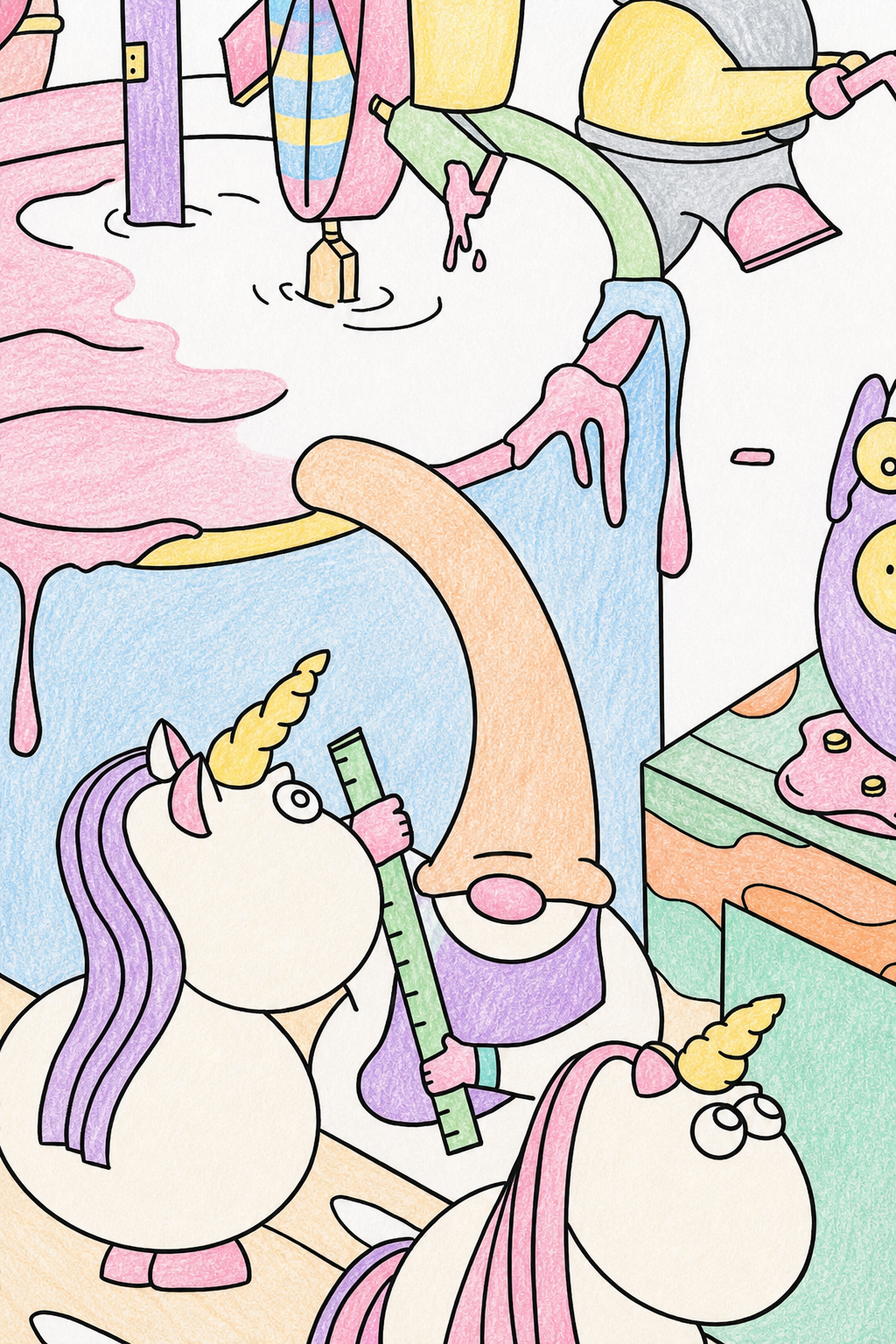 Colored example of the Easter Gnomes' Workshop poster in pastel tones, showing the unicorn and the long-hatted gnome with his ruler side by side, with the egg-pig and pastel dye streams around them.