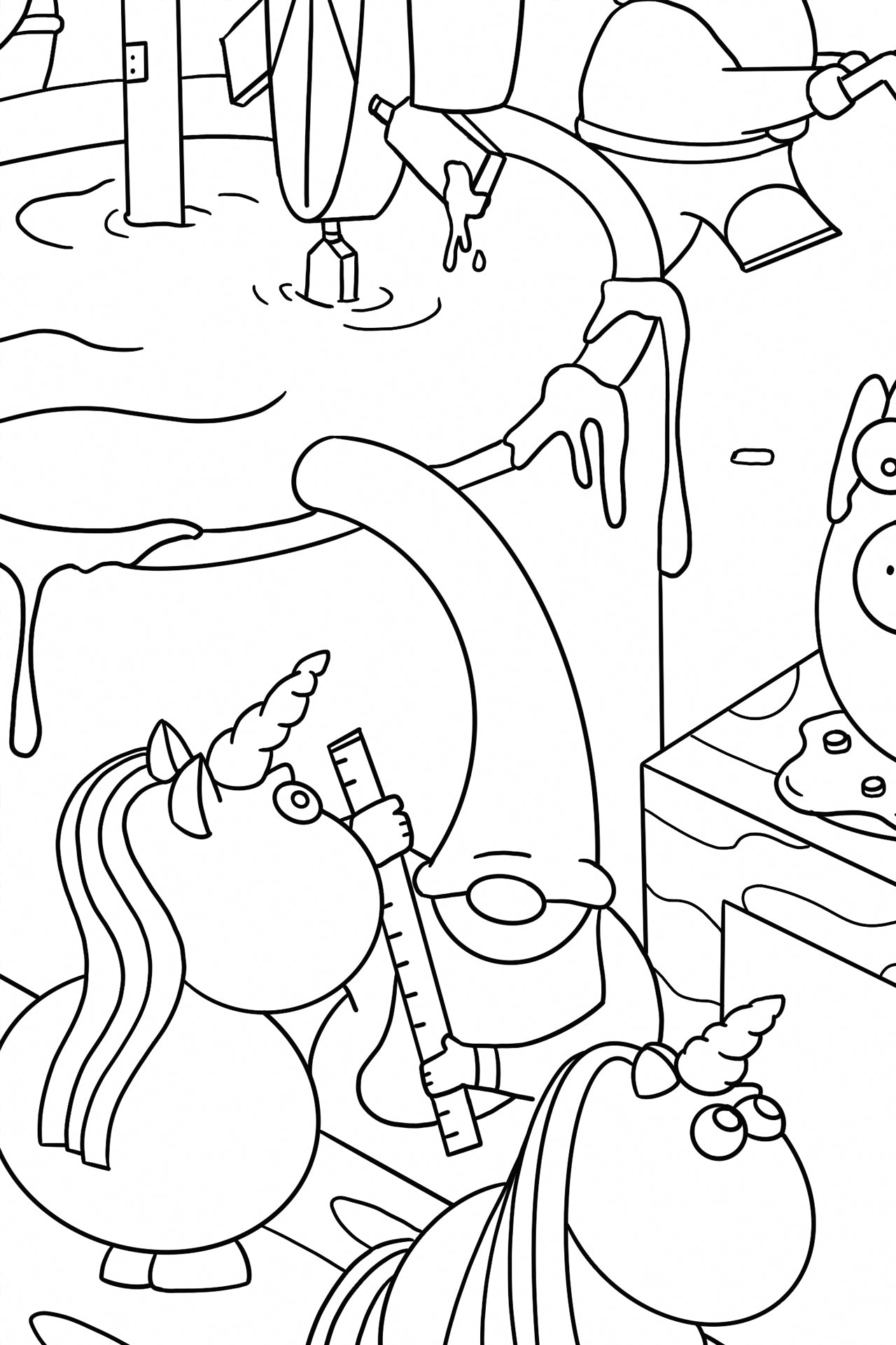 Black-and-white detail of the Easter Gnomes' Workshop poster, featuring a long-hatted gnome with a ruler, a curious unicorn beside him, the egg-pig character on a palette, and a chocolate-dripping pipe overhead.