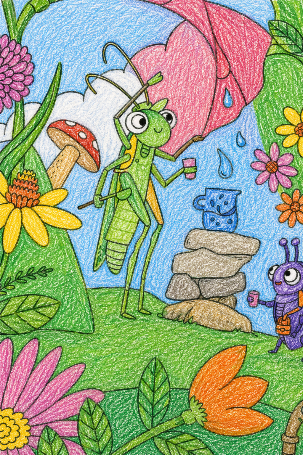 Colorful example of the Clementine & Marmelade insects poster featuring a green grasshopper holding a pink umbrella among mushrooms and wildflowers