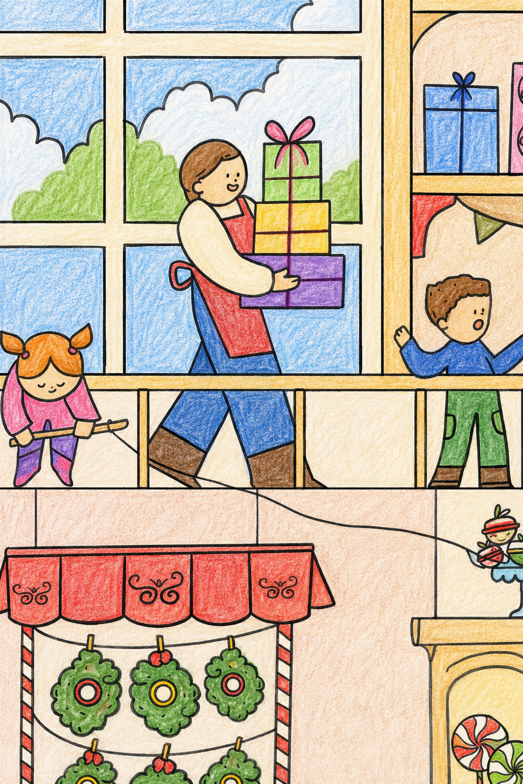 Brightly colored detail of a candy store coloring poster with shop worker carrying bright gift boxes past, kids playing 