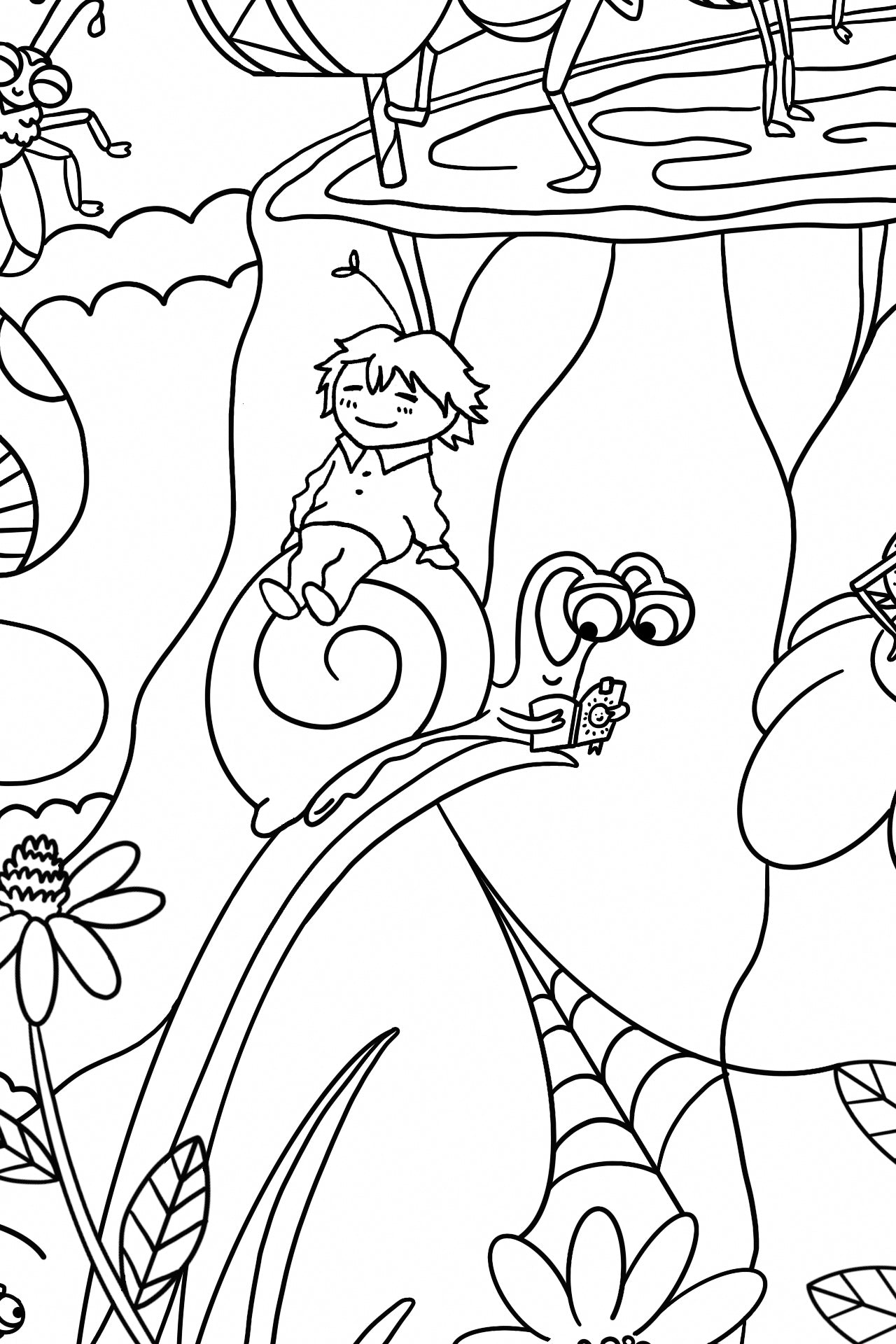 Clementine character sitting on a friendly snail in a dteail of an insect-themed coloring poster 